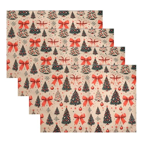 Image of Dining Table Mats Set of 4 with 135 cm Runner - Christmas Tree Red Bow Theme,Digital Print, Washable, Indoor /Outdoor, Heat-Proof, Wipe & Clean (47X33 cm) Olive & Green