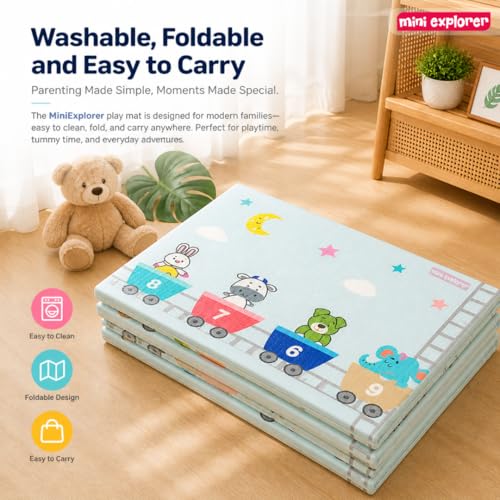 Image of MiniExplorer Double-Sided Waterproof Baby Floor Mat | Extra Large 6.5 x 4.5 ft | 8mm Thick Foam Play Mat | BPA Free, Foldable, Reversible Crawling & Tummy Time Mat for Babies & Kids - Sea & Giraffe