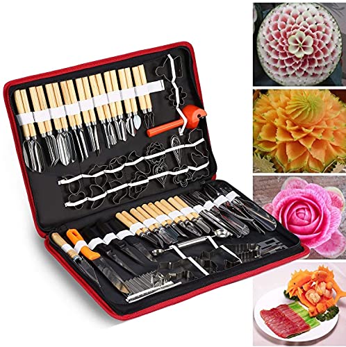 Culinary Carving Tool Set, Fruit Vegetable Food Garnishing Cutting Slicing Peeling Culinary Garnish Tools Kit (80 pcs) with Portable Upscale Red Box