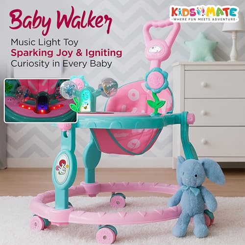 Image of Kidsmate Musical Walker for Kids for 6 to 18 Months | Walker for Babies with Rattles, Lights & Push Handle | Adjustable Height, 360 Rotating Wheels | Foldable Baby Walker for Boys & Girls - Pink
