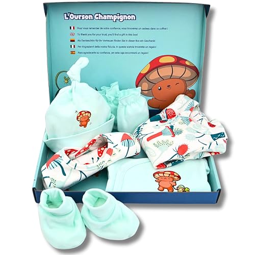 El Osito Champiñón : Lote de 6 prendas de invierno de algodón orgánico para bebé - Canastilla - Cesta bebe - Kit bebe recien nacido - Conjunto primera puesta bebe - Cosas para bebes recien nacidos