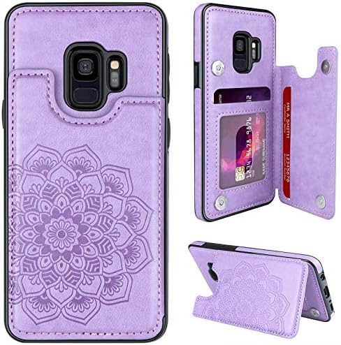 MMHUO Samsung Galaxy S9 Wallet Case, Floral Magnetic Flip Cover with Card Holder & Kickstand, 5.8" Protective Phone Case - Purple