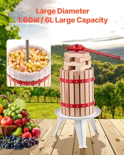 Image of VEVOR 1.6 Gal /6L Fruit Wine Press, Solid Wood Basket with 8 Blocks, Heavy Duty Manual Juice Maker, Cider Apple Grape Tincture Honey Olive Oil Making Press with Handle for Kitchen, Home