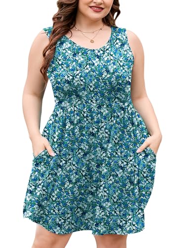 Image of AusLook Plus Size Summer Tank Dress for Women Casual Sleeveless Crewneck Pleated Babydoll Swing Sundresses with Pockets 1X-5X