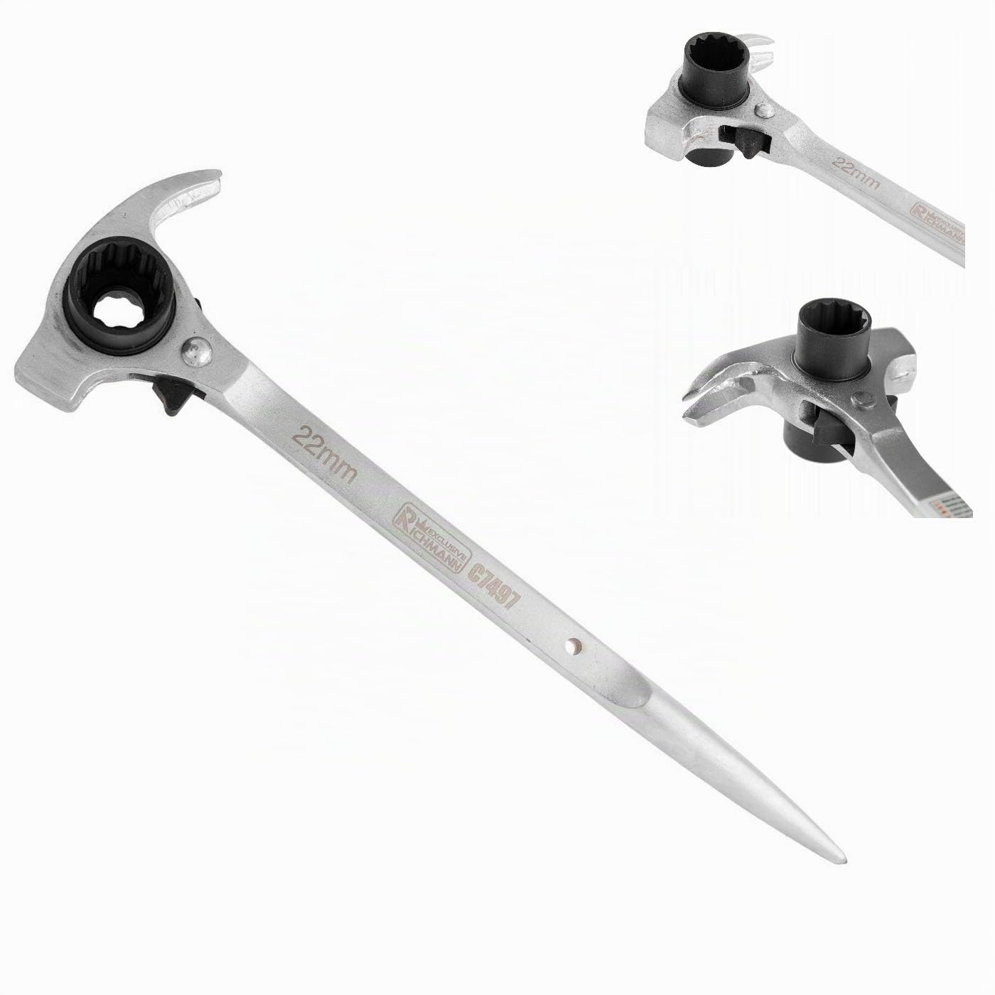 RICHMANN Clé à échafaudage 4 en 1 (19/22 mm) - Marteau + arrache-clous + poinçon conique & cliquet réversible - Cliquet d'échafaudage 12 points - Acier au chrome-vanadium (Cr-V) - avec 72 dents