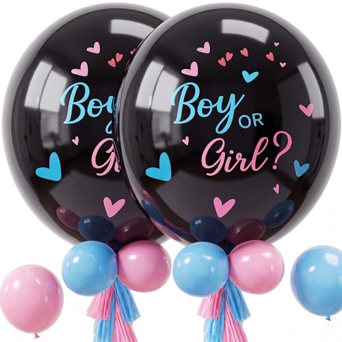 RUBFAC Gender Reveal Balloon Kit 2pcs 36 Jumbo Black Baby Boy or Girl Balloons with Heart Shaped Paper Confetti Blue Pink Balloons and Tassels for Baby Shower Gender Reveal Party
