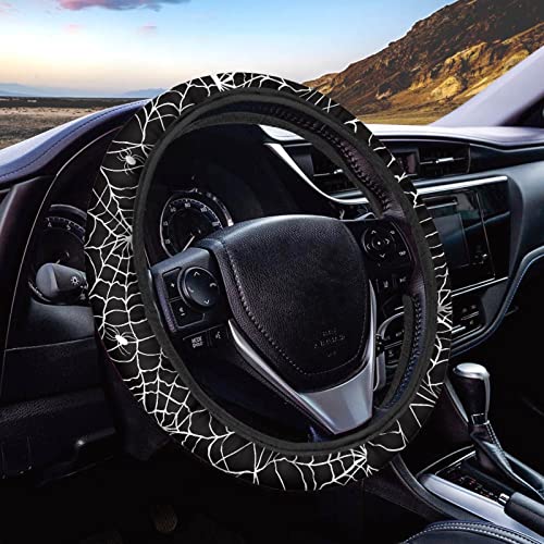 CLOHOMIN Black Cobweb Car Steering Wheel Cover Universal 15 inches Halloween Spider Web Steering Wheel Accessories for Women Men Odorless Non Slip and Breathable Streering Wheel Protector