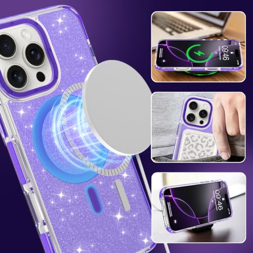 Image of Magnetic Case for iPhone 16 Pro Max [Compatible with Magsafe] [Bling Glitter Fluorescent Design] [1 Screen Protector] Slim Translucent Matte Case for iPhone 16 Pro Max 6.9 inch 2024, Purple