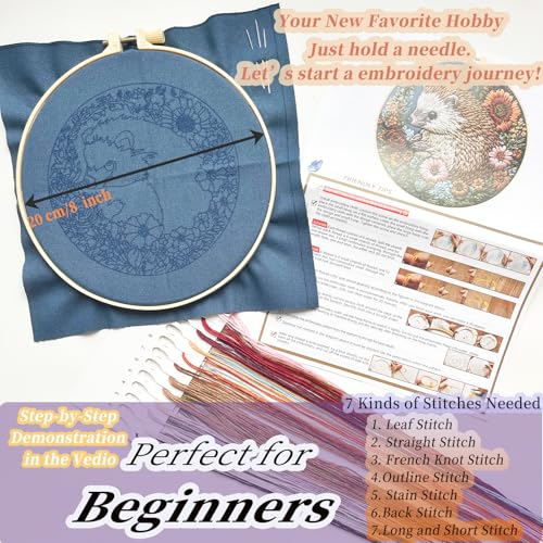 Image of FONNUY Embroidery Kit for Beginners, Cute Hedgehog Stamped Embroidery Patterns Kits for Adults with Hoop, Easy to Follow Sewing Thread Needlework, 8'' Hoop (Resilient)