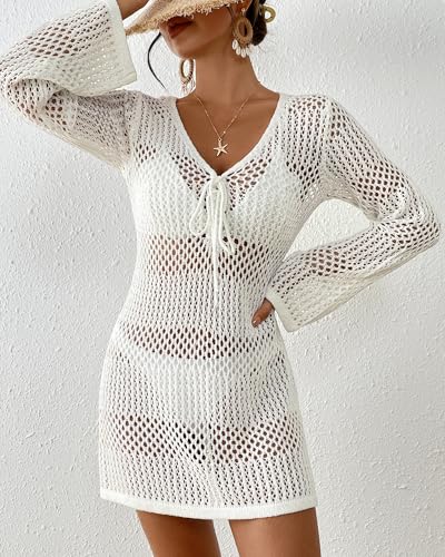Image of Bsubseach Women Swimsuit Crochet Coverup Long Sleeve V Neck Beach Dress