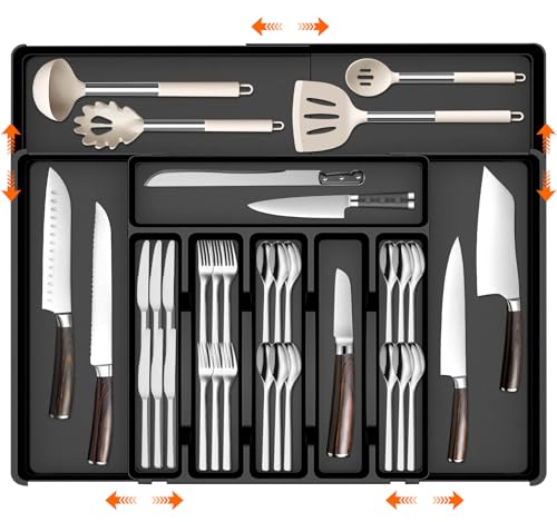 TEBOKHAD Organizador de Cubiertos, Organizador Cubiertos Expandible Para Cajon Con 10 Compartimentos, Bandeja Cuberteros para Cajon Cocina, Compacto para Cucharas Tenedores Cuchillos