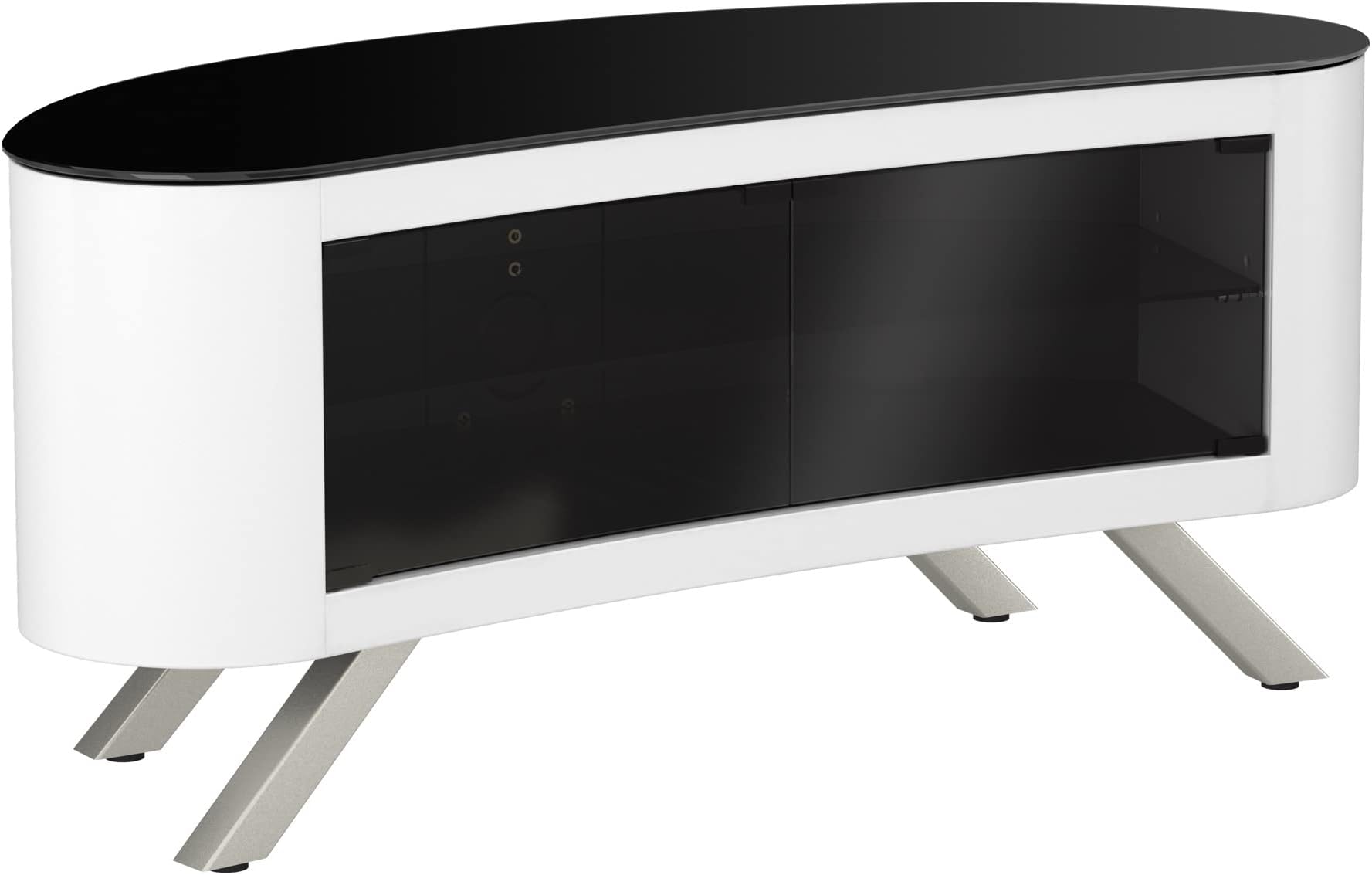 AVFCurved Wood TV Stand - Bay Affinity 1150mm Wide Floorstand Unit Upto 55" & 55Kg Max TV Weight, Gloss White & Black Glass, IR Friendly Doors