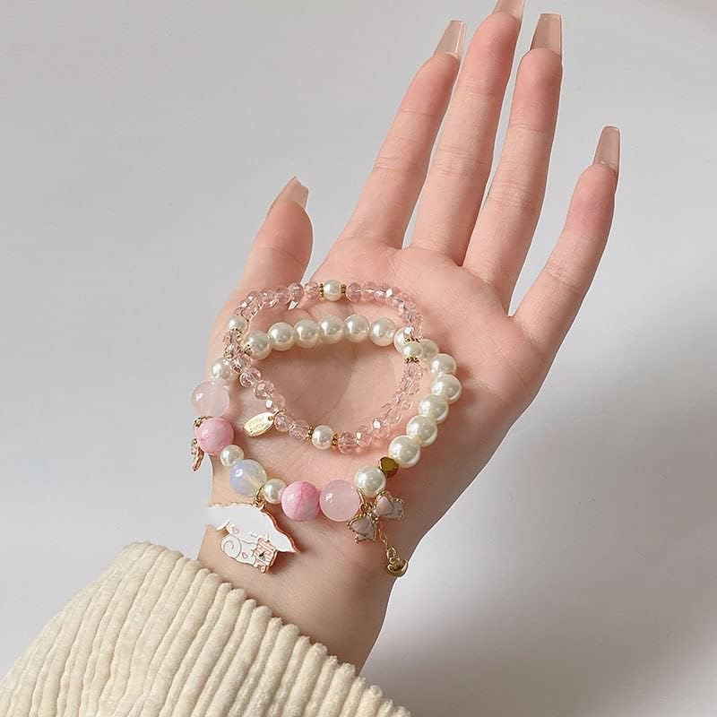 Image of Pingyongchang Elastic Cartoon Bracelets Crystal Beads Pearl Bracelets Cute Kawaii Adjustable Beaded Strand Bracelets for Women Girls Graduation Charm Bracelets Gift for Kids
