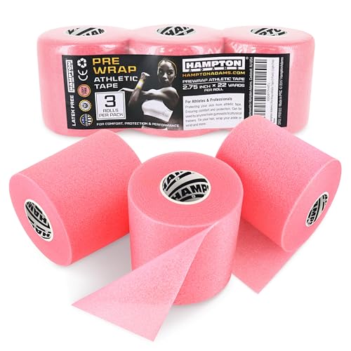 Image of Hampton Adams Pre Wrap Athletic Tape, Non Slip Grip, No Fray Underwrap | Foam underwrap for skin protection, Ankle, wrist & knee, Tape grip base layer, Hair tie for sports 2.75 in x 22 yd rolls
