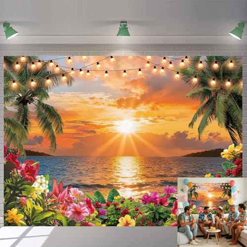 Beach Sunset Backdrop Hawaiian Tropical Palm Trees Photography Background Summer Vacation Party Banner Wedding Birthday Baby Shower Decorations Supplies (94X70 inch (8x6FT))
