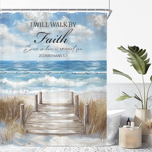 Riyidecor Beach Bible Verse Shower Curtain (12 Hooks)
