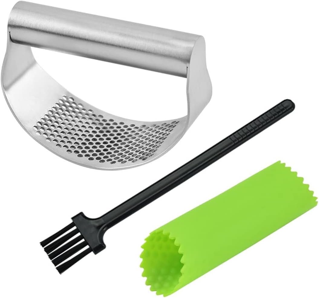 High Effective Garlic Press ，Hand-held Garlic Press丨Stainless Steel Ring Garlic Masher丨Easy to Clean Household Kitchen Tools丨With Cleaning Brush + Garlic Peeler