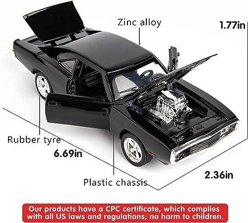 Image of Alloy Metal Pull Back Die-cast Car 1:32 Fast and The Furious Dodge Charger Diecast Metal Pullback Toy car with Openable Doors, Light Music Boys Gifts Toys for Kids -Black