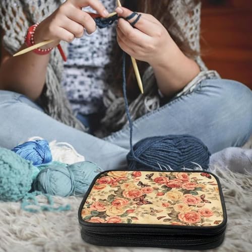 Image of Crochet Hook Case Vintage Flower Crochet Hook Holder Portable Crochet Hook Storage Bag with Web Pockets Suitable for Crochet Needles /Knitting Accessories