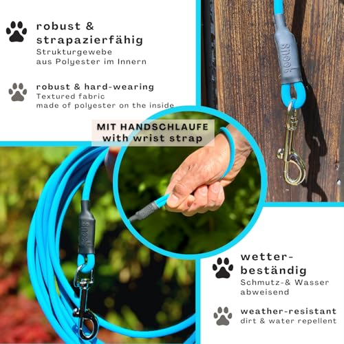 10m Schleppleine Hunde, Wasserfeste Hundeleine Rundleine mit Handschlaufe, Robuste Freilauf-Trainingsleine Cyan-Blau, bis 35kg