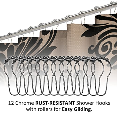 Creative Home Ideas 15-Piece Bathroom Shower Curtain Set – Set Of 1 Shower Curtain & 12 Metal Hooks & 1 Bath Mat & 1 Contour Mat, Modern Bathroom Décor, Machine Washable, Reverly Black/Linen #TOP5