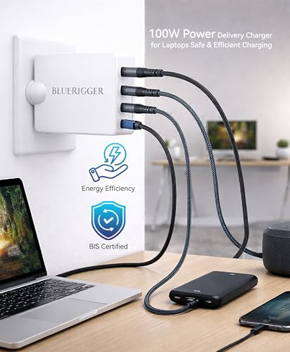 Image of BlueRigger 100W 4-Port GaN Charger PD QC3.0 QC4.0 PPS Fast Charging Compact Adapter for All MacBook Series and laptops with USB C Charging Port (White)