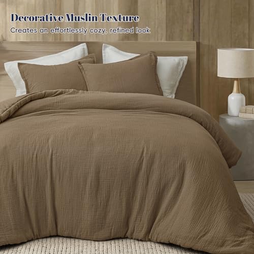 Image of PHF Cotton Muslin Comforter Set King - 100% Cotton Cover, Ultra Soft & Breathable, 3PCS Lightweight All-Season Bedding with Polyester Fill, 1 Comforter 104 inchx90 inch & 2 Pillow Shams 20 inchx36 inch, Mocha