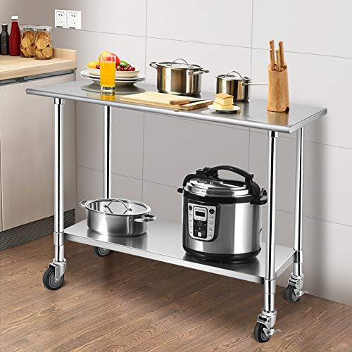 Waterjoy 48" X 24" Stainless Steel Table For Prep & Work Commercial Heavy Duty Kitchen Table With Adjustable Shelf And Wheels Installable(With Wheel) #TOP7