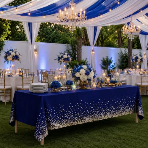 Image of Blue Orchards Blue and Gold Dots Table Cover (Pack of 3 with 20 Glue dots) - 54 inchx108 inch XL - Plastic Tablecloth, Anniversary, Wedding, Graduation Decoration, Picnic & Golden Birthday Party Supplies
