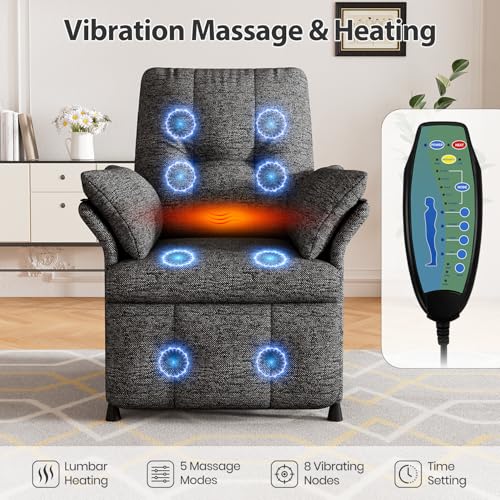 Image of Power Recliner Chair for Adults with Heat & Massage - Linen Electric Reclining Sofa with Remote Control, 3 Side Pockets, 180 Lay Flat Sleeper for Living Room Home Theater, Dark Grey