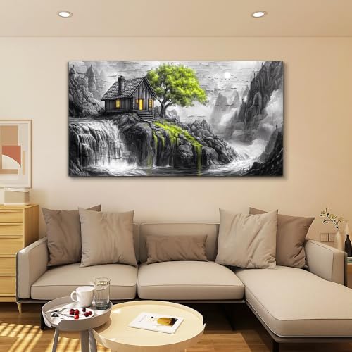 ERQINHUA Large Canvas Wall Art For Living Room Large Wall Decor For Bedroom Office Black And White Wall Painting Decor Green Tree Landscape Picture Artwork Modern Home Decor Ready To Hang 30"X60"