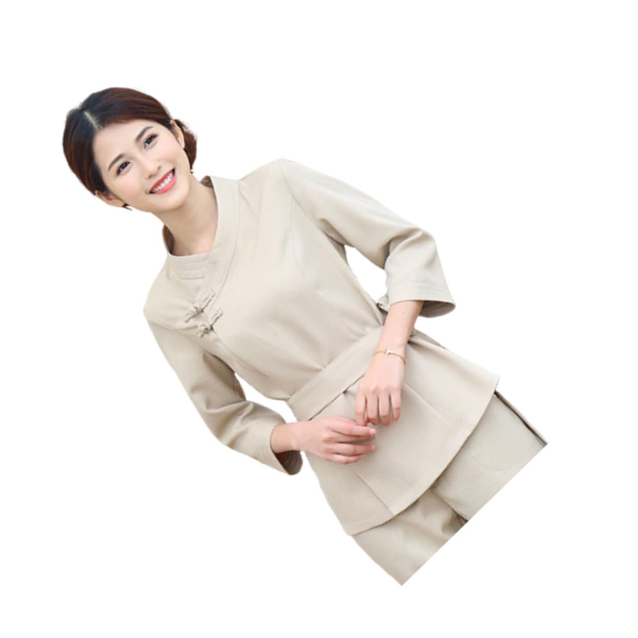 Combinaison Professionnelle pour Technicienne en Esthétique Beige, Légère et Pliable en Polyester et Spandex, pour Coloration de Cheveux et Spa, 1 Set