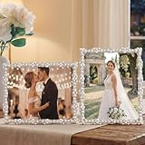 Fiwochic 2 Pcs 8x10 Picture Frame with Pearl for Wedding Silver Plated Photo Frames with High Definition Glass Rhinestones Tabletop Wall Display for Wedding Gift Bridal Shower Engagement