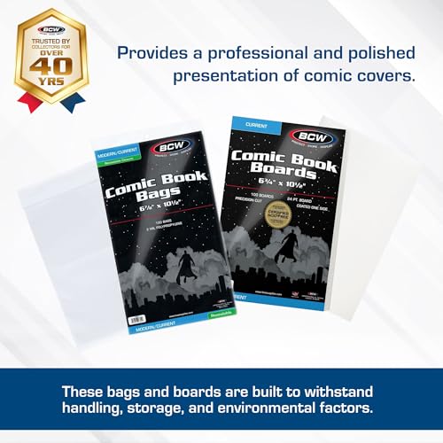 Image of BCW Resealable Current Comic Book Combo Pack | 100 Pack for Acid-Free Backing Boards & Resealable Bags | Comic Book Storage & Protection | Fits Current Comics | Archival Quality | Standard 6.88x10.5