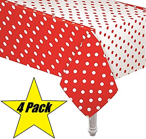 4 Pack Polka Dot Plastic Tablecloth, 108 x 54, with White dots by Oojami (Red)