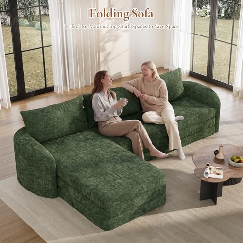 Image of Vesgantti 6 in 1 Convertible Folding Sleeper Sofa Bed, No Assembly, Green | 110.2 inch L Shaped Modular Sectional Sofa, Curved Armrest, Deep Seat Boneless Couches for Living Room, Chenille, Left Facing