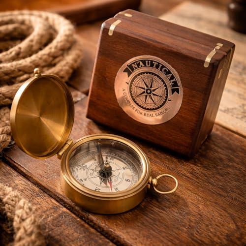 Brújula marina antigua de latón con caja de madera 2 pulgadas miniatura 2