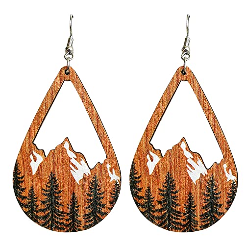 Western Cowgirl Nature Wooden Snow Mountain Dangle Drop Earrings Hollow Teardrop Hook Tree Pattern for Women Cowboy Statement Outdoor Jewelry
