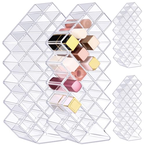 Hoolerry 4 Pack Acrylic Lipstick Holder Organizer 112 Slots Clear Lip Gloss Holder Organizers Stackable Trapezoid Lipsticks Tower Lipstick Case Display Stand Storage Box for Makeup Cosmetic Vanity