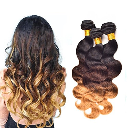 Brazilian Ombre Body Wave 3 Tone Human Hair Bundles Unprocessed Virgin Remy Hair Weave Wavy Hair Wefts Pack of 3 Bundles #T1b/4/27 (16 18 20 Inch)