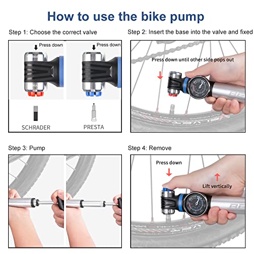 Mini bomba de bicicleta com medidor - Bomba de estrutura portátil com cabeça EZ para Schrader/Presta