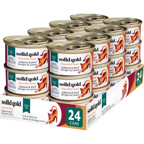 Image of Solid Gold Wet Cat Food Pate - Healthy Canned Cat Food Pate w /Real Salmon & Beef, Omega Fatty Acids, Vitamins & Minerals - Grain Free & Gluten Free Can Meals for Cats & Kittens - 24ct /3oz Can