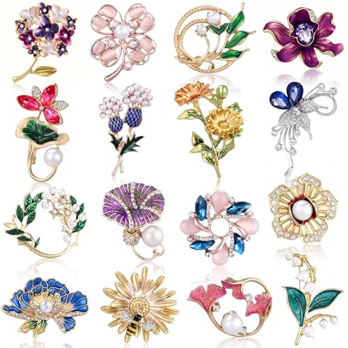 Image of Sasylvia 16 Pcs Women Brooch Set Rhinestone Vintage Animal Insect Plant Pins Brooches Bulk for Christmas Women Girls Gifts
