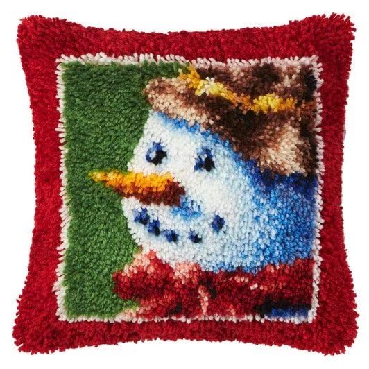 Latch Hook Kit for Adults & Kids, Complete DIY Cushion Making Craft Kits with Yarn & Canvas and Crochet Needle, Latch Hook Pillow Cover Adult Craft Kits for Women - A Snowman Wearing A Hat 43x43cm