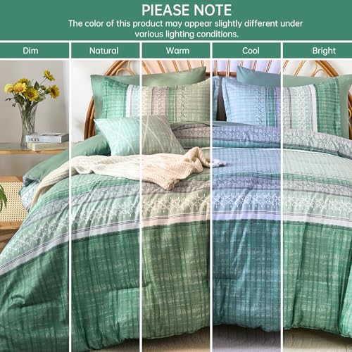 Image of Boho Queen Comforter Size Set, 8 Pieces Sage Green Striped Texture Bed in a Bag Bedding Sets, Lightweight Soft Comforter and Sheet Set, All Season Microfiber Teen Boys Bedding Sets for Men Women