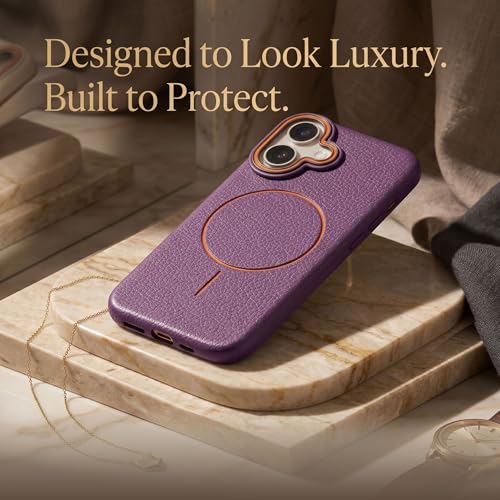 Image of amazon basics Luxury MagSafe Compatible Leather Texture Back Cover for iPhone 16 | Raised Camera Protection | Slim Fit Shockproof Case with Metallic Accents (Purple)