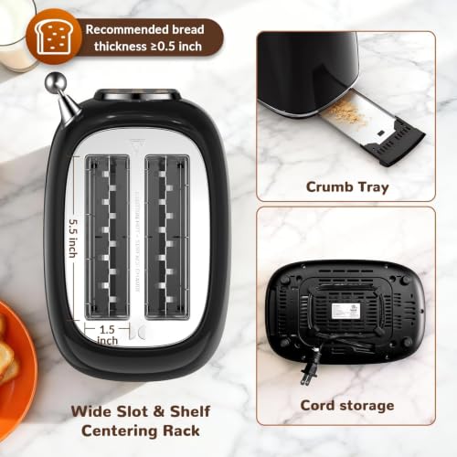 Mecity Toaster 2 Slice, Touch Screen Wide Slot Retro Toaster For Breads Bagel Muffin Waffle, House Warming Gift New Home, 120V 825W, Jet Black