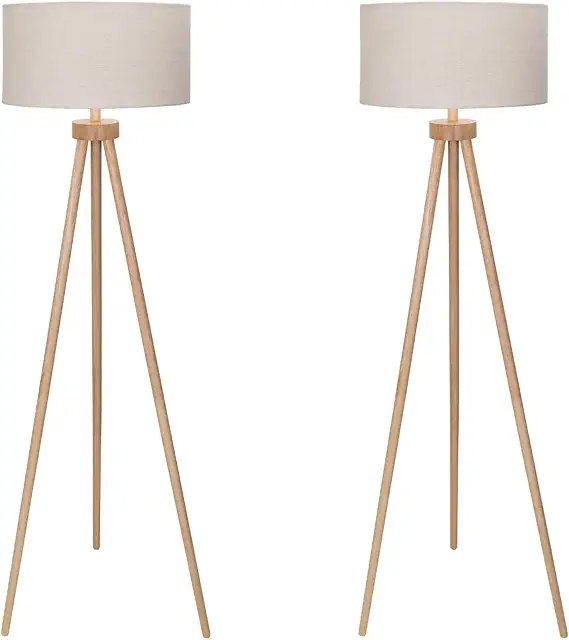 Imagen relacionada con Aigostar lampara de pie salon vintage de madera trípode, lampara de pie con pantalla de lino e interruptor de pie, compatible con bombillas E27(Max.60W), madera maciza, estilo nórdico, 2pcs