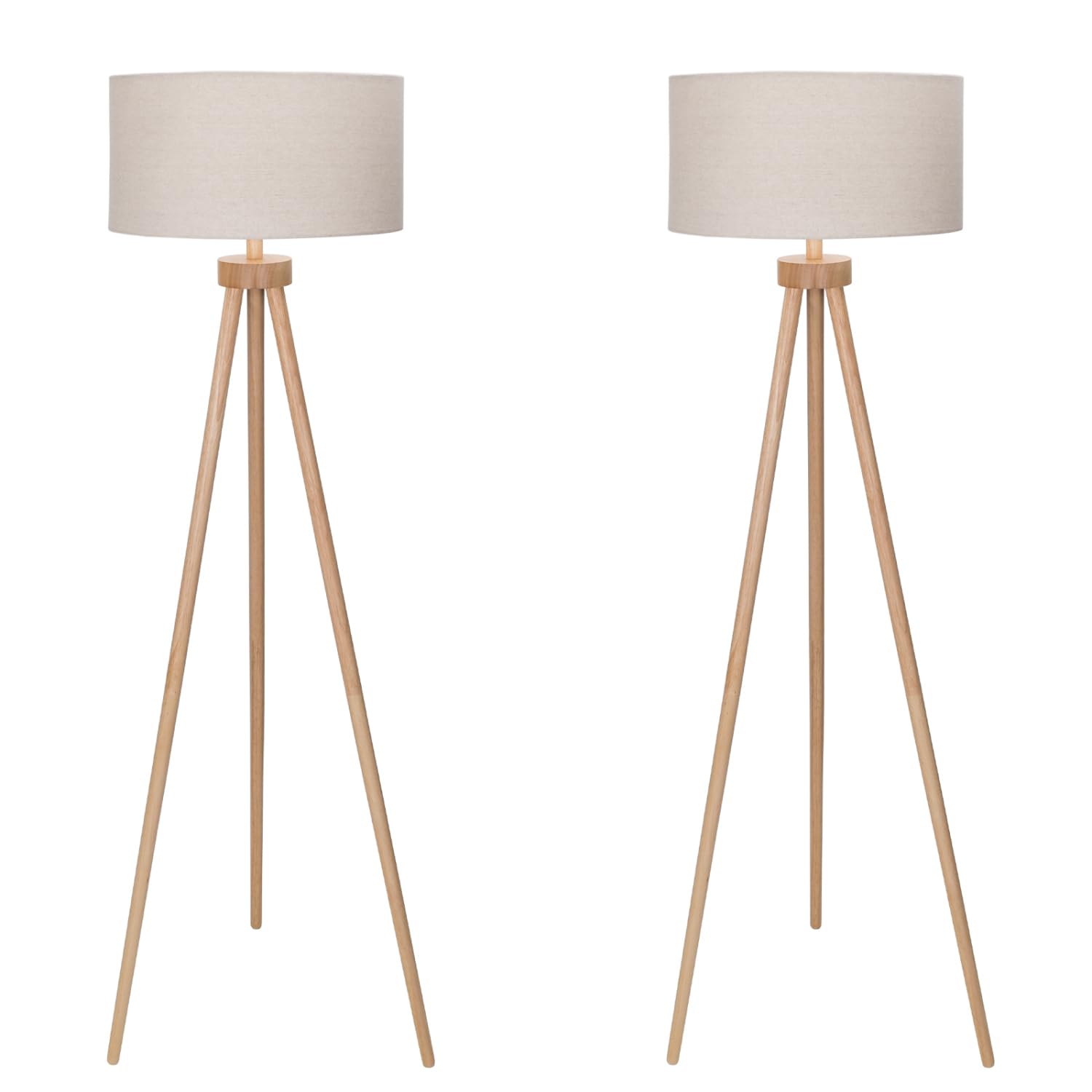 Aigostar Lampara de Pie Salon E27 Retro de Madera Trípode, 2pcs, Sin Bombilla (Max.60W), Pantalla de Lino e Interruptor de Pie, Cable 180 cm, Madera Maciza, Estilo Nórdico