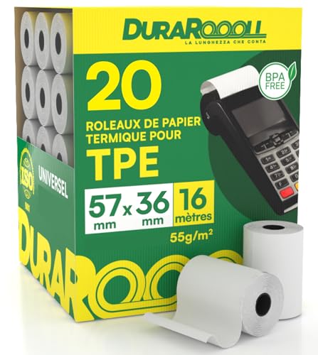 20 Rouleaux Papier TPE CB Bobines Thermiques DuraRoooll - Rouleaux Caisse POS 57mmx36mmx16m Compatibles Avec Nexi SumUp Pax Axerve Ingenico pour Recettes...